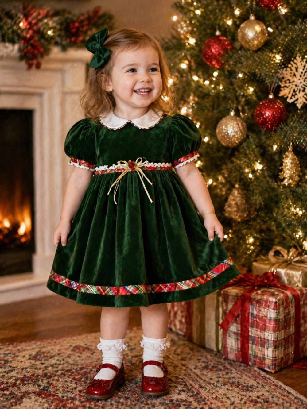 Rose Cottage Dress Girls 24M Green Velvet Holiday Plaid Trim‎ Peter Pan Collar